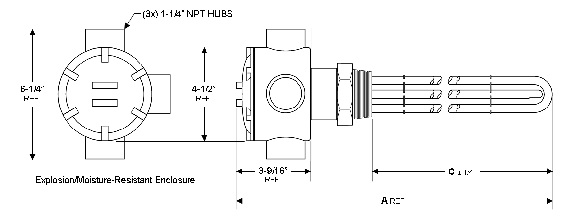 S-10053-41WPT Model: 10000W @ 480V 3-Phase, 41" Immersion Length Unregulated Ammonia Heaters (No Thermostat)